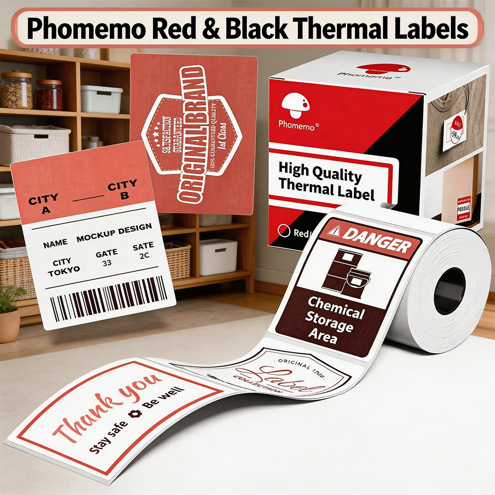Commercial Label Printing Machine - Red & Black Adhesive Thermal Labels