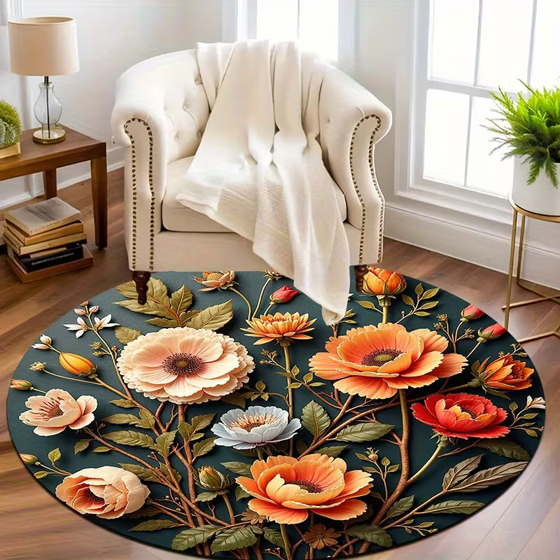 Wholesale Commercial Printing - Dark Green Poppy Floral Round Rug